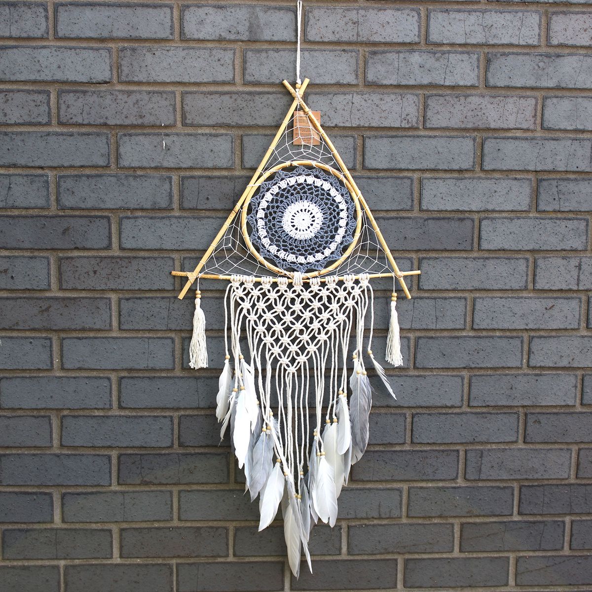 Protection Macrame Pyramid Dreamcatcher – Large, White/Grey
