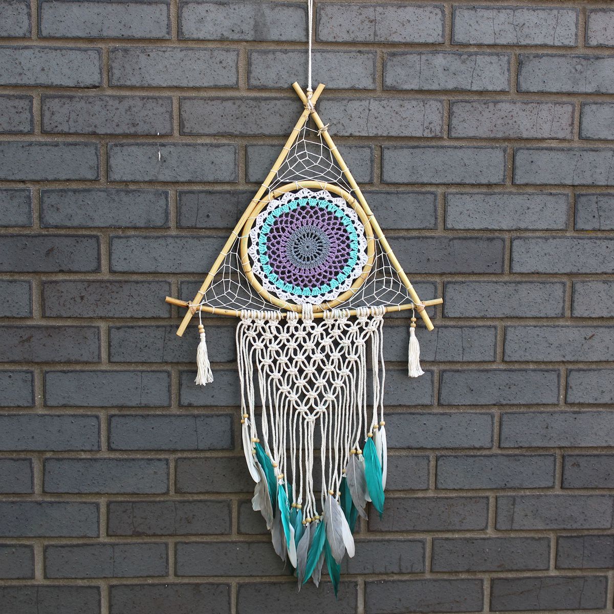 Protection Macrame Pyramid Dreamcatcher – Large, White/Turquoise