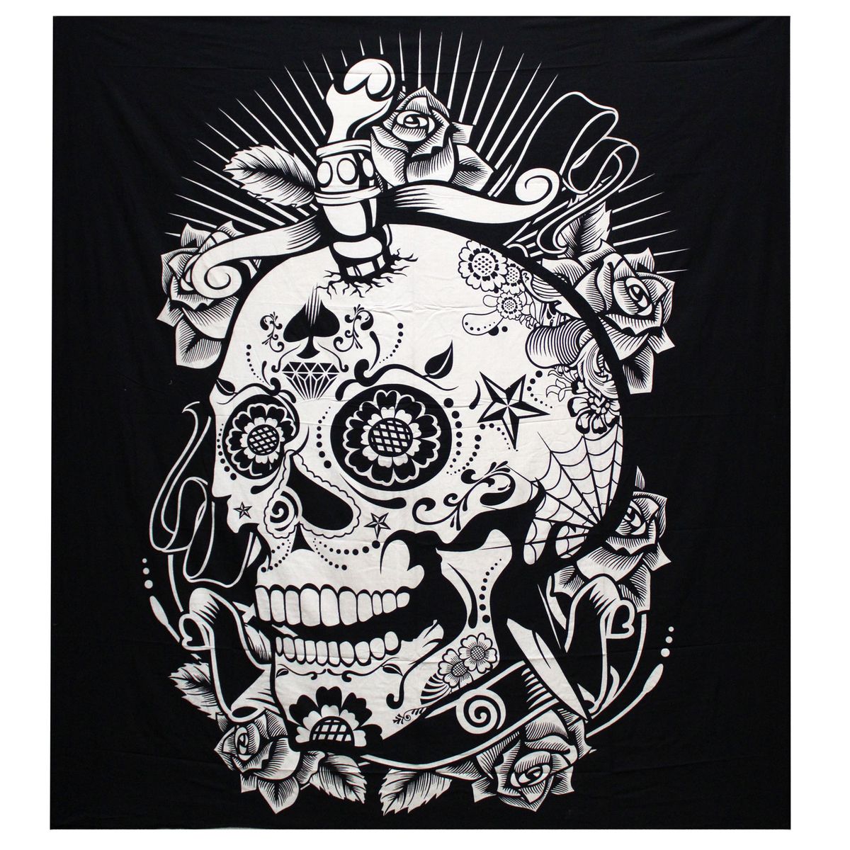 Black & White Double Cotton Bedspread – Rose Skull