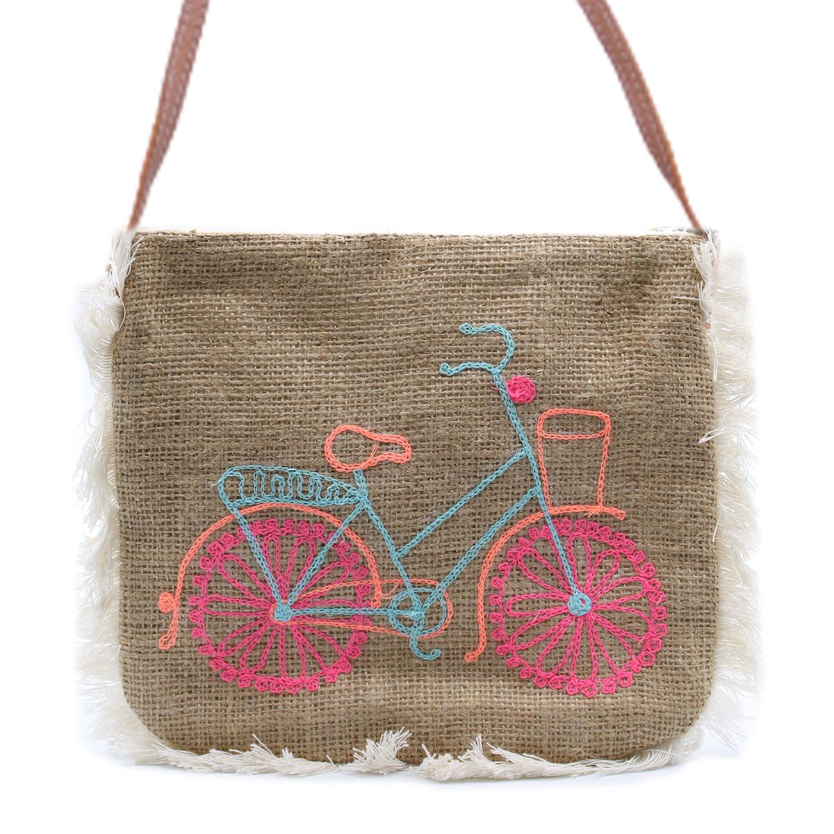Jute Fringe Bag – Bicycle Embroidery