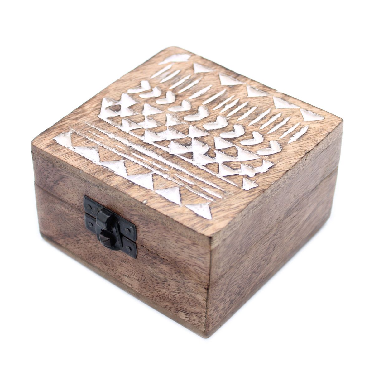 Whitewashed Wooden Box – Aztec Design, 4x4