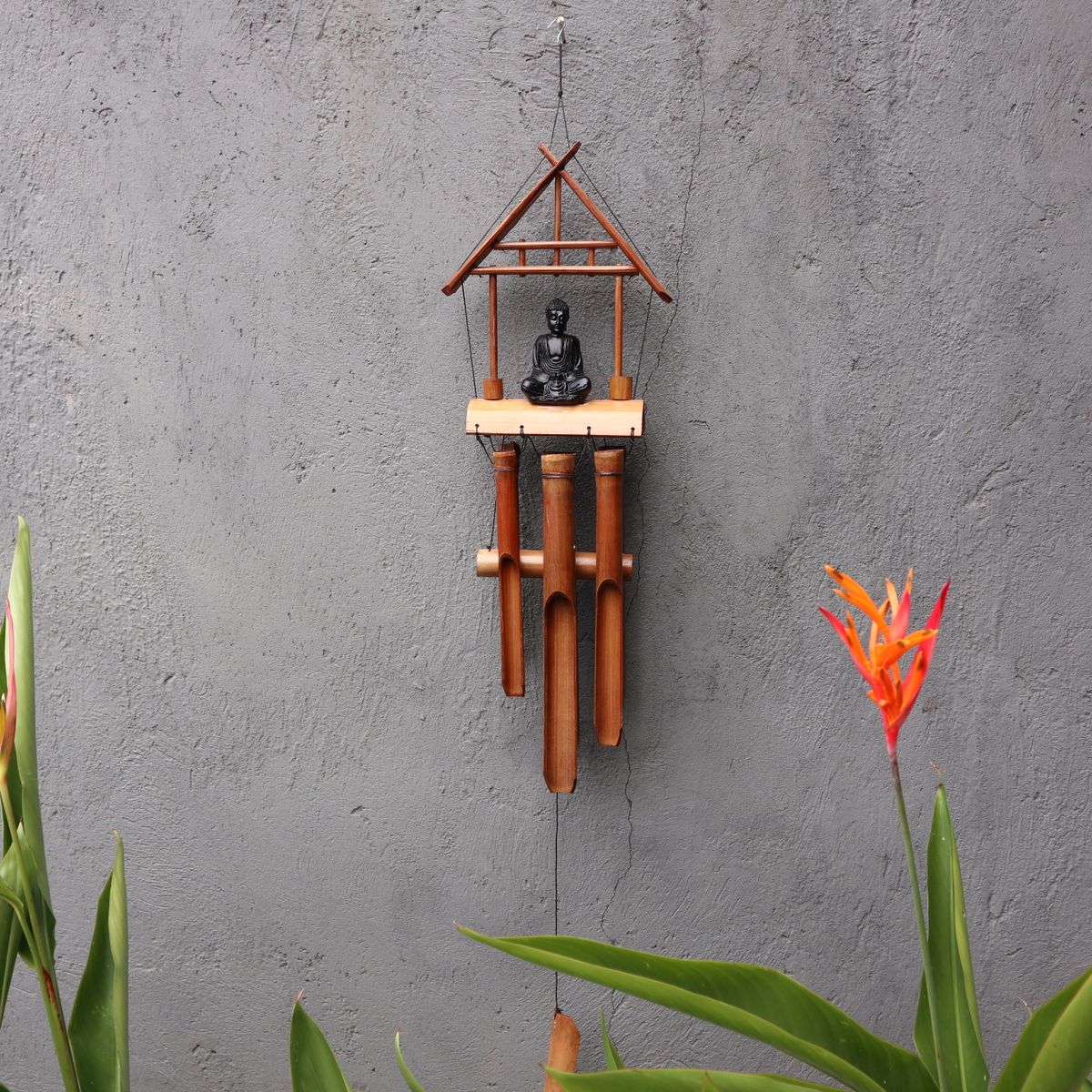 Natural Bamboo Wind Chime – Black Buddha, 6 Tubes