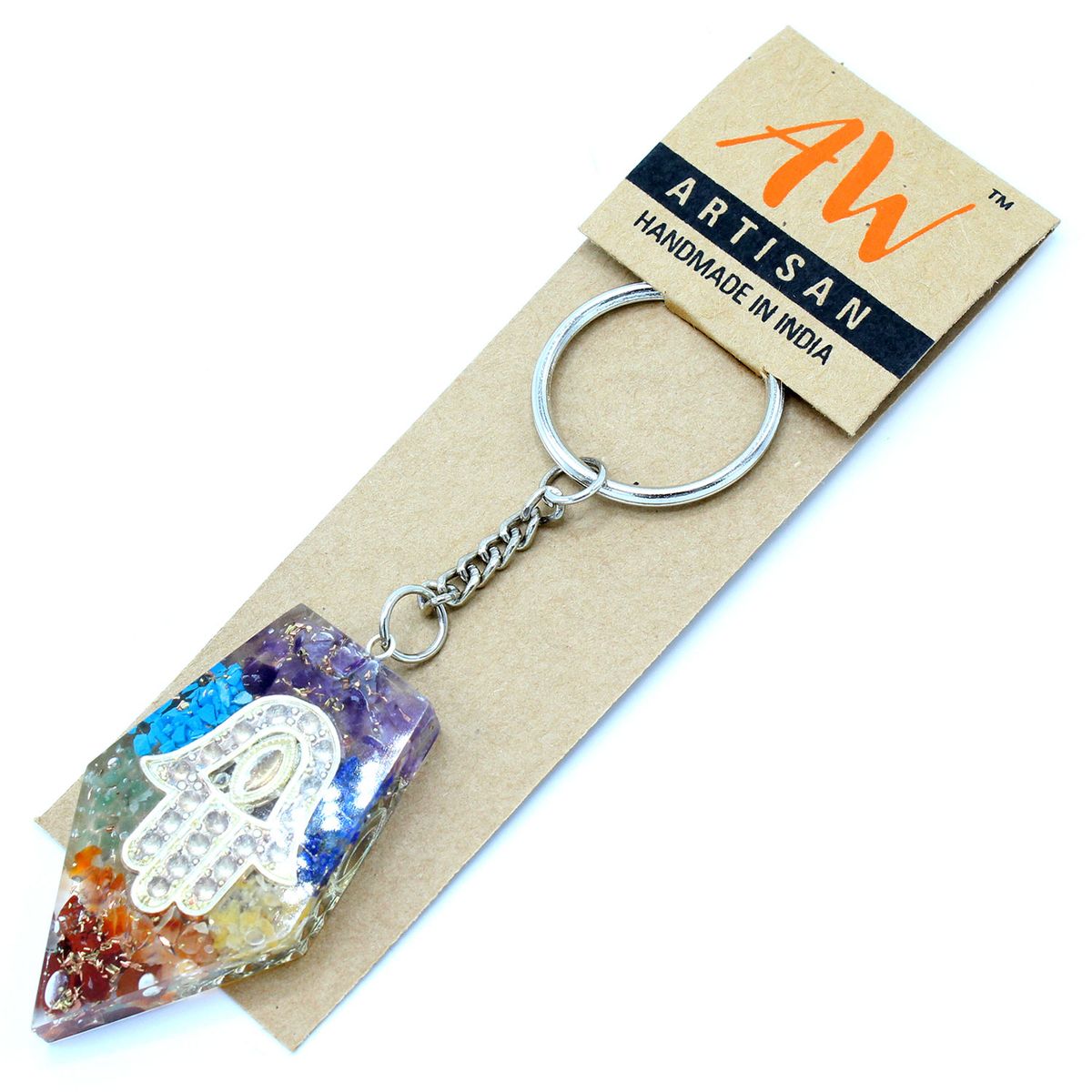 Orgonite Keyring – Gemstone Chakra Hamsa