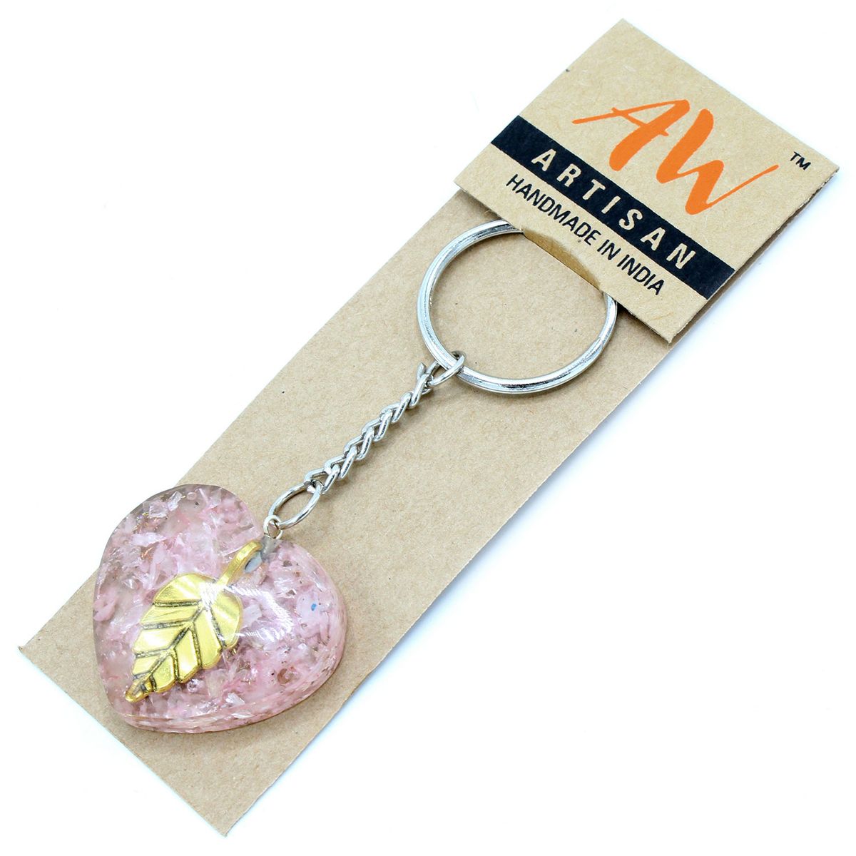 Orgonite Keyring – Rose Quartz Hearts and Golden Leaf