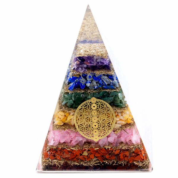 Orgonite Pyramid – Seven Chakra Flower of Life, 70mm