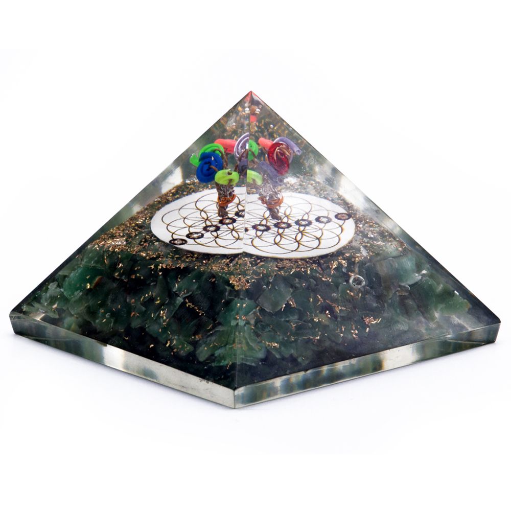 Orgonite Pyramid – Green Aventurine Flower of Life, 70mm