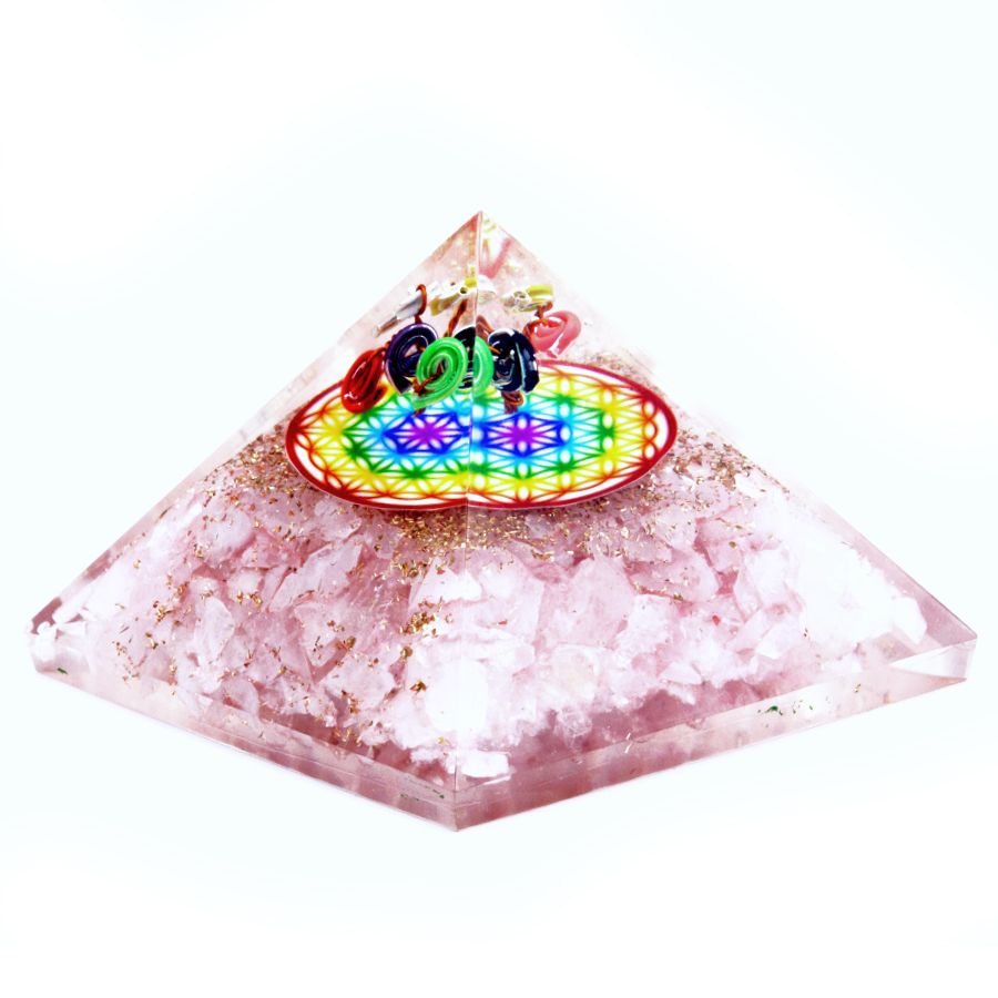 Orgonite Pyramid – Rose Quartz Rainbow Flower of Life, 70mm