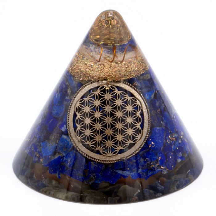 Orgonite Cone – Lapis Flower of Life, Suspended Quartz, 90mm