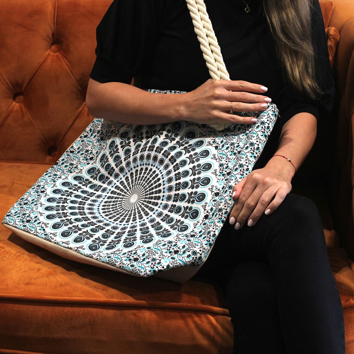 Mandala Bag with Rope Handles – Purple Blue