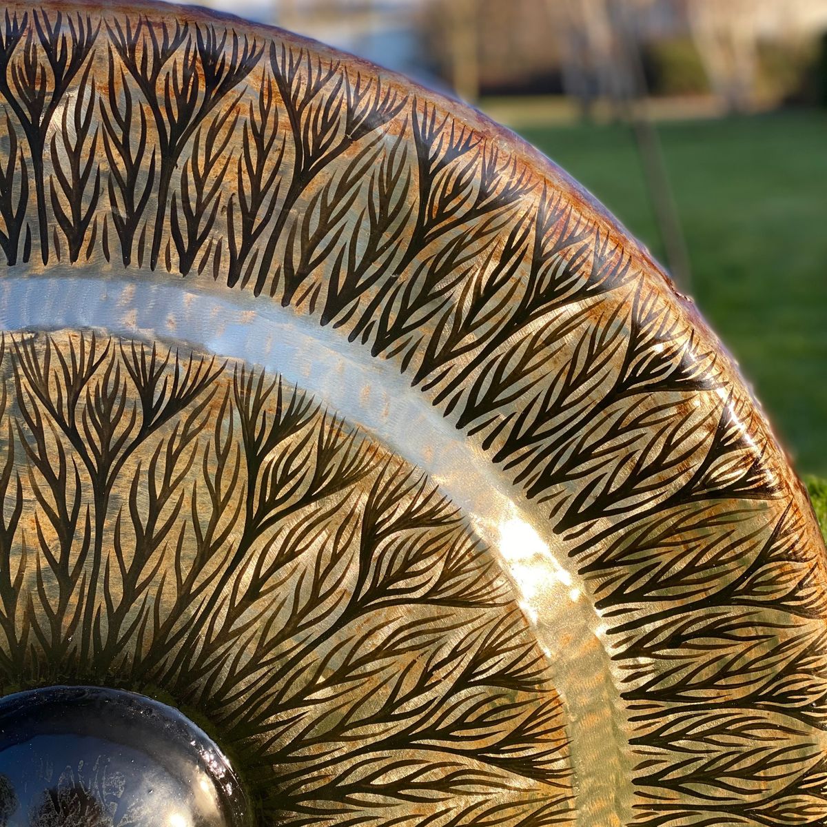Patterned Gong in Antique Brown Stand – Black, 80cm