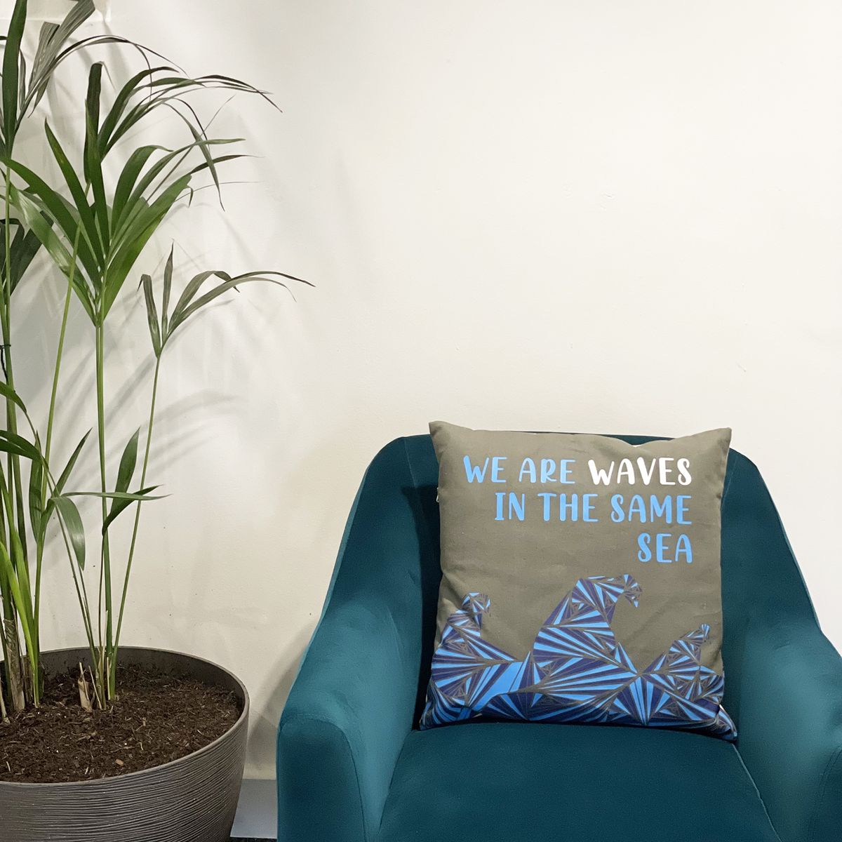 Printed Cotton Cushion Cover – We Are Waves, Grey, Blue & Natural