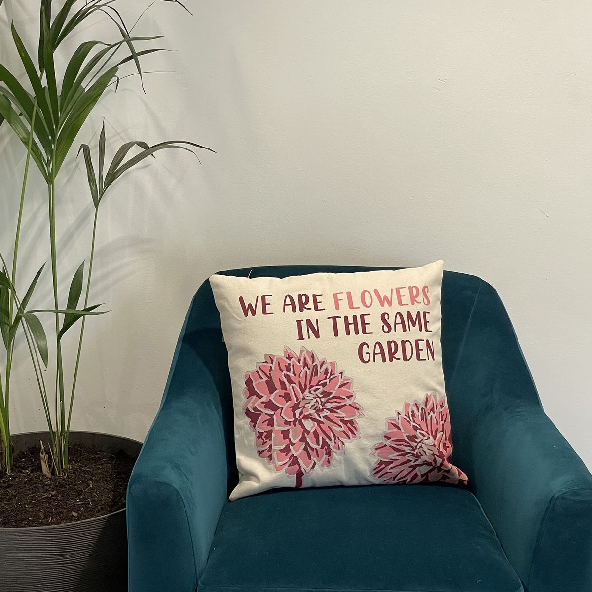 Printed Cotton Cushion Cover – We Are Flowers, Olive, Pink & Natural