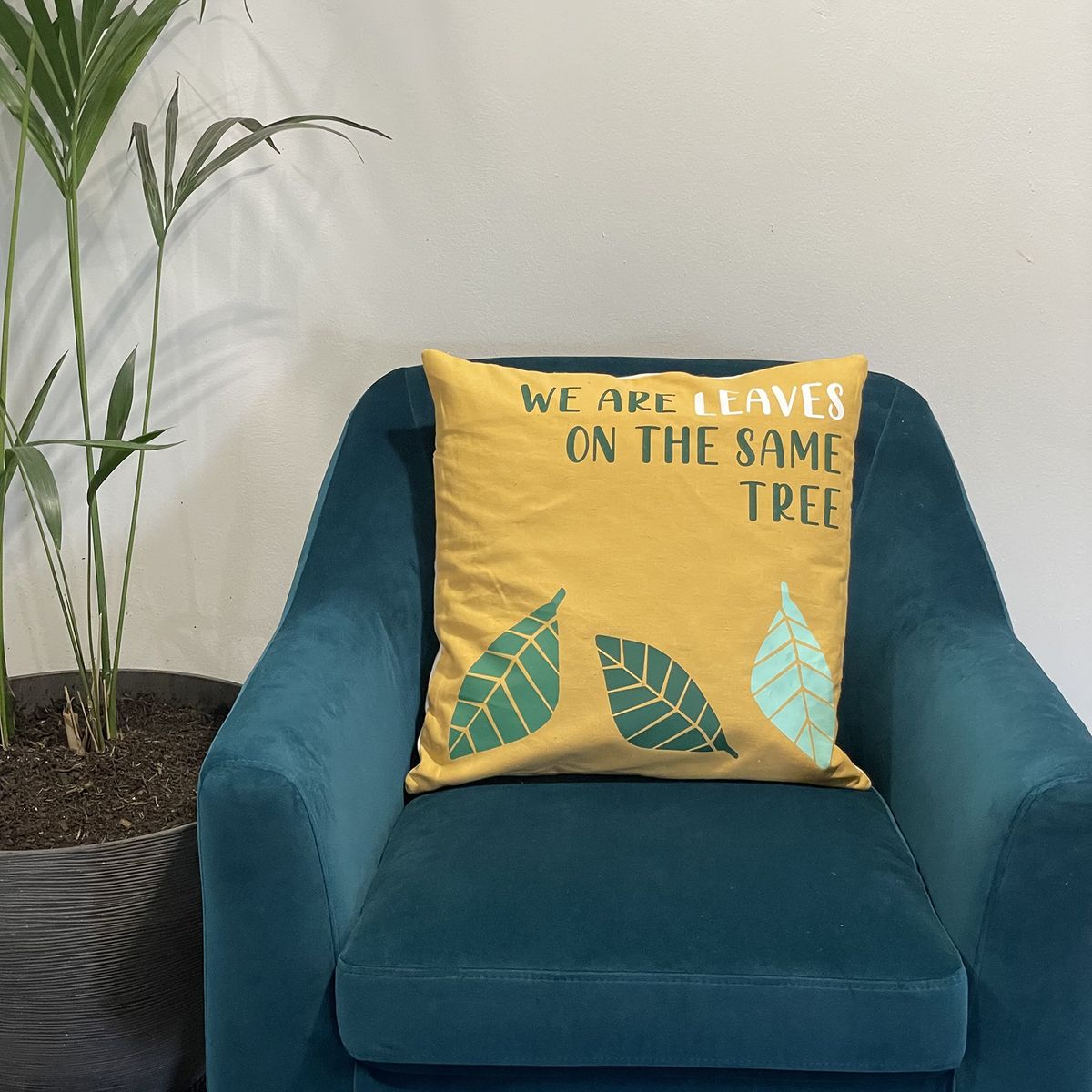Printed Cotton Cushion Cover – We Are Leaves, Yellow, Blue & Natural
