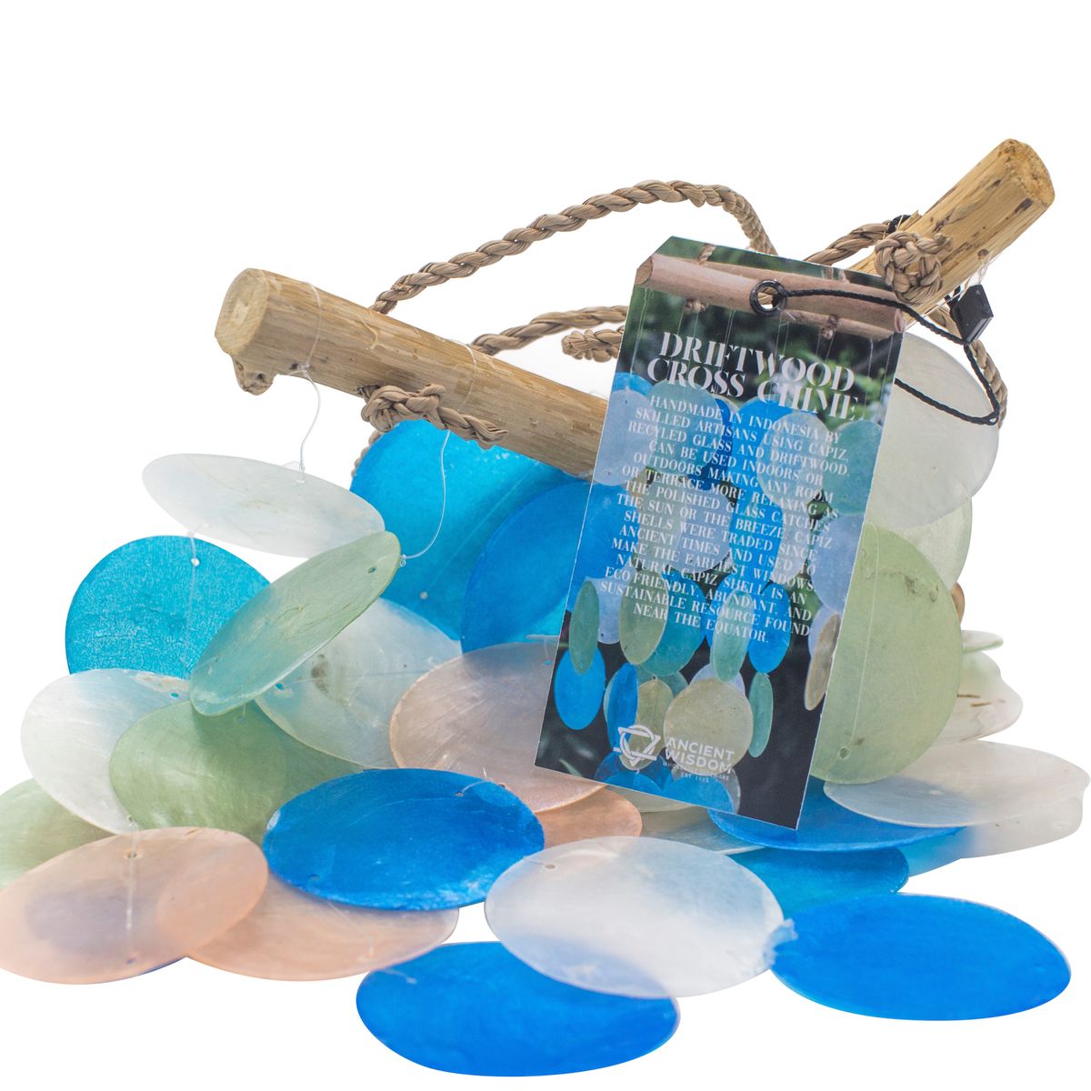Blue & Pearl Driftwood Cross Capiz Wind Chime