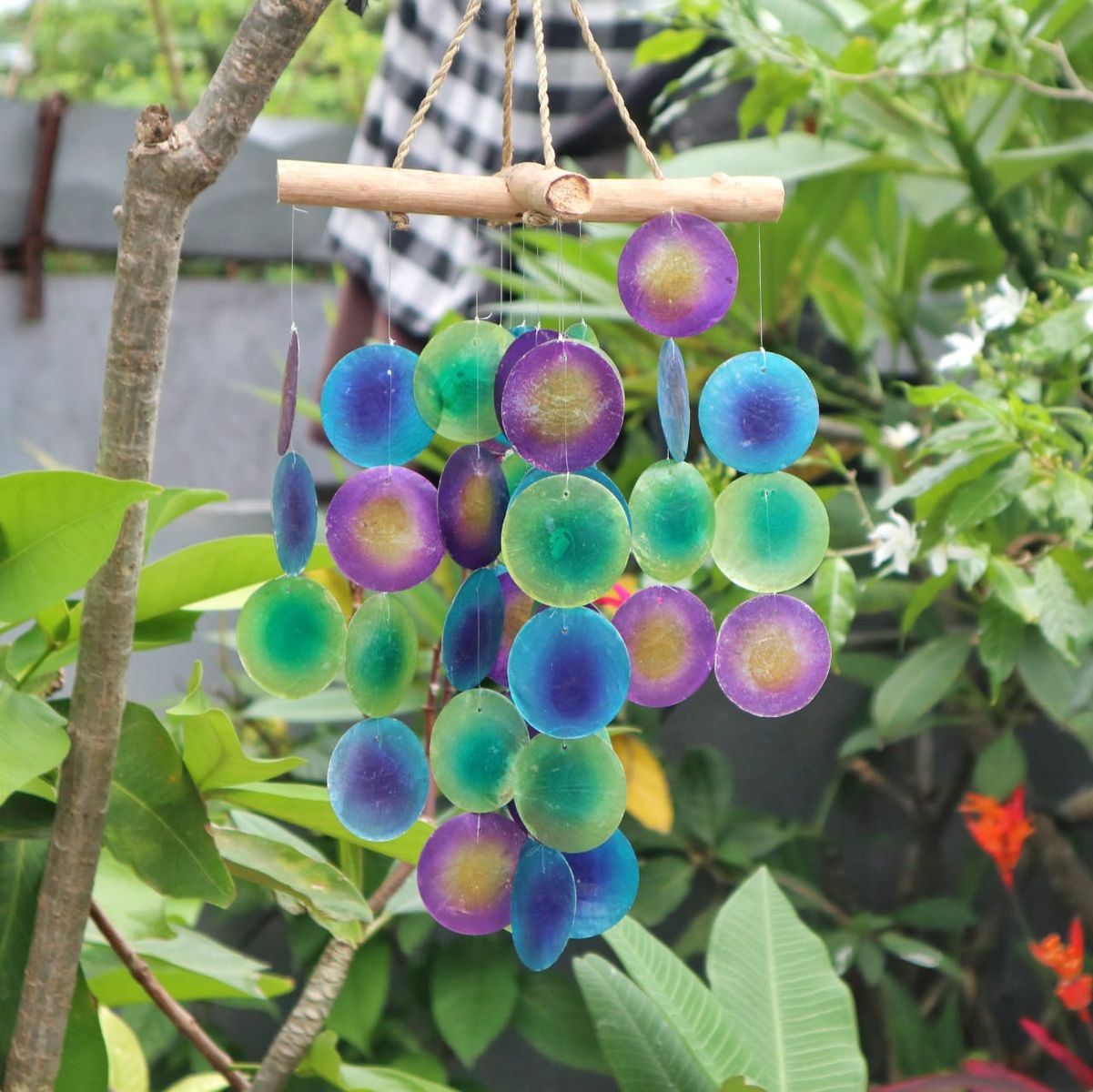 Green & Purple Driftwood Cross Capiz Wind Chime