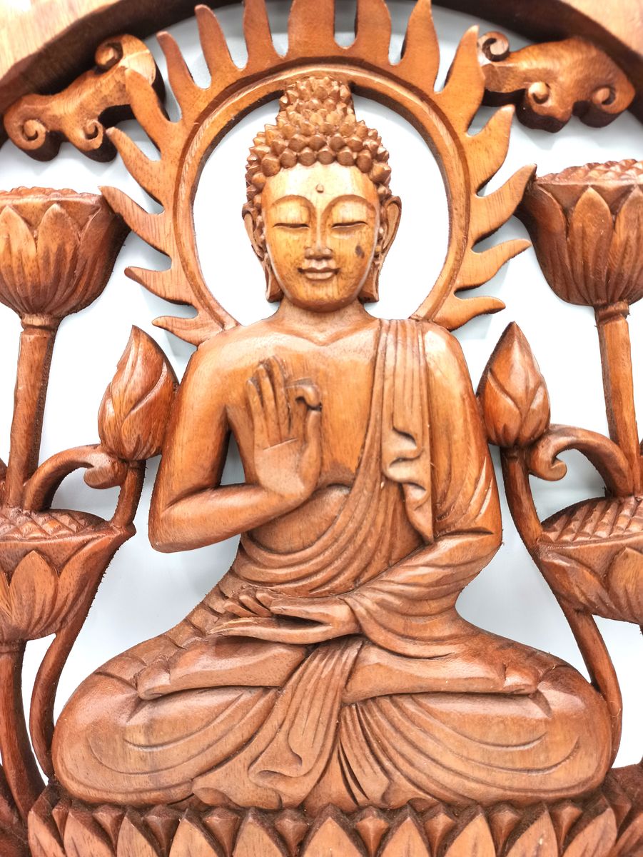 Buddha & Lotus Carved Wood Panel – 40cm