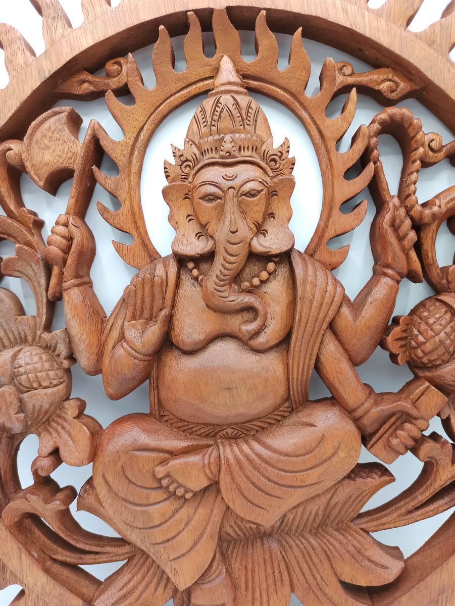 Ganesh Carved Wood Panel – 40cm
