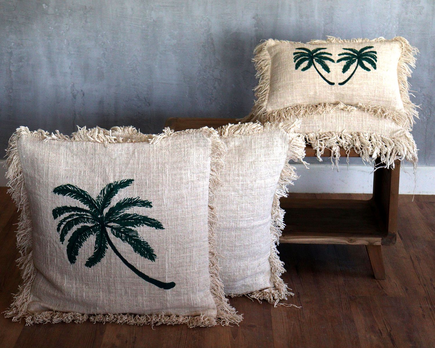 Linen Cushion Cover with Fringe – Palm Tree, 45 x 45cm