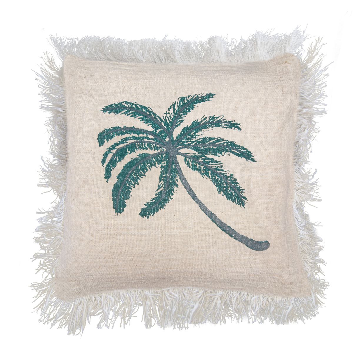 Linen Cushion Cover with Fringe – Palm Tree, 60 x 60cm