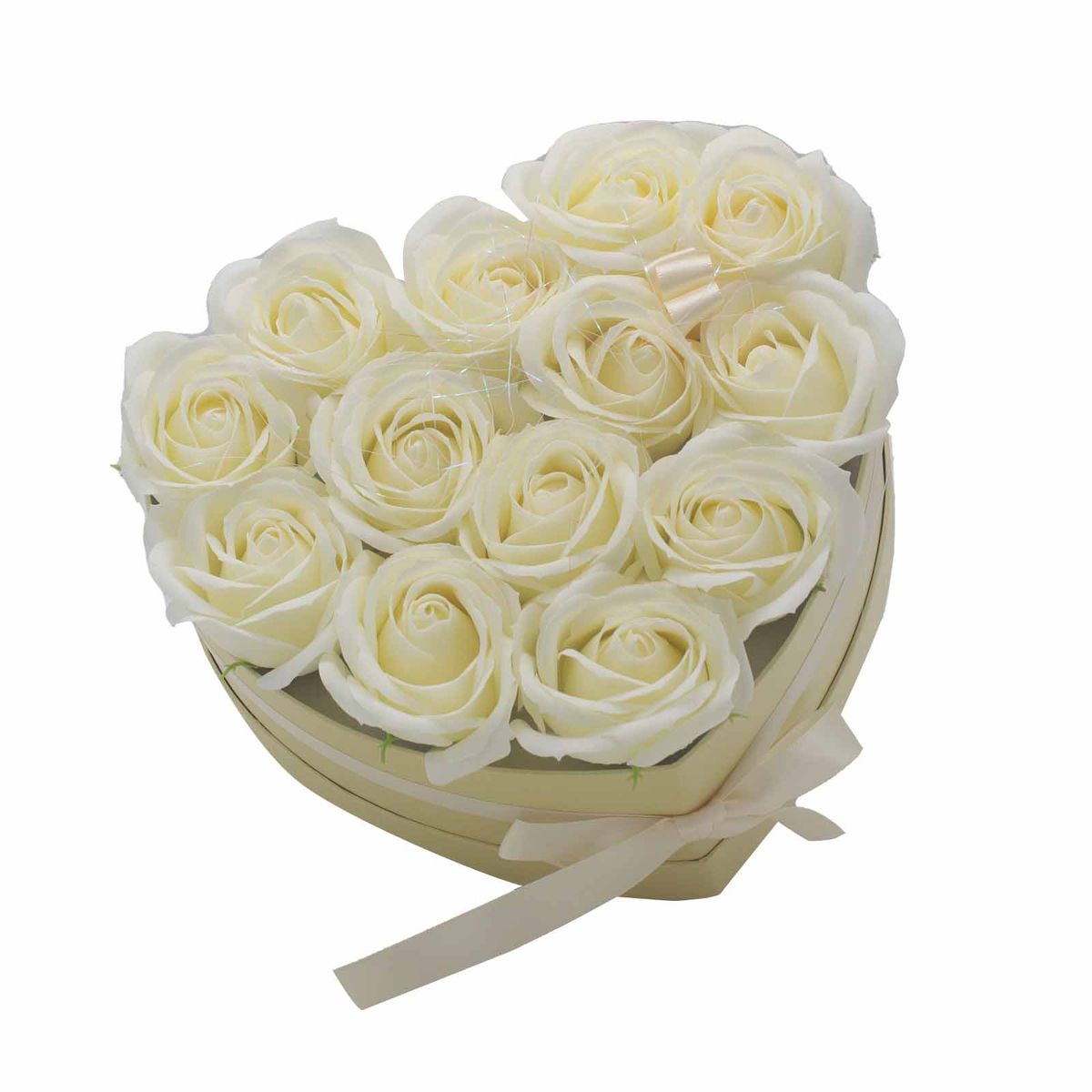 Soap Flower Gift Bouquet – 13 Cream Roses, Heart