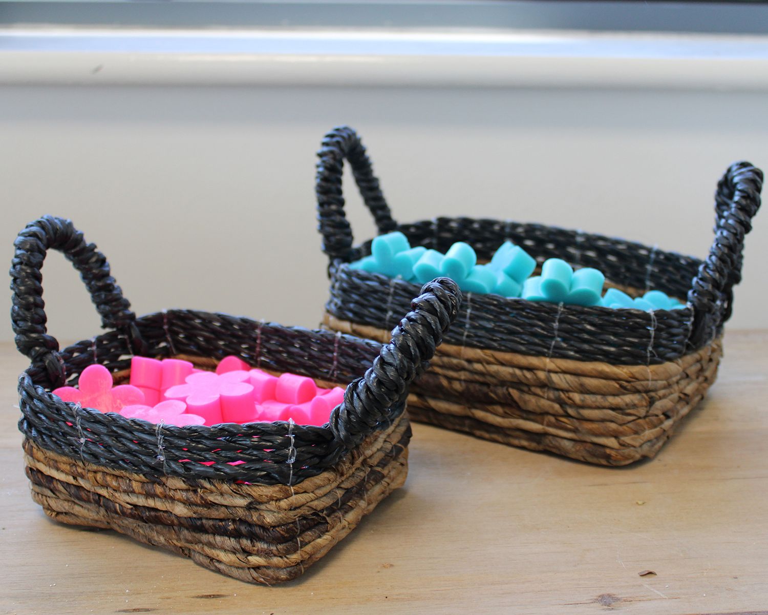 Banana Leaf & Black Raffia Square Baskets – Set of 3