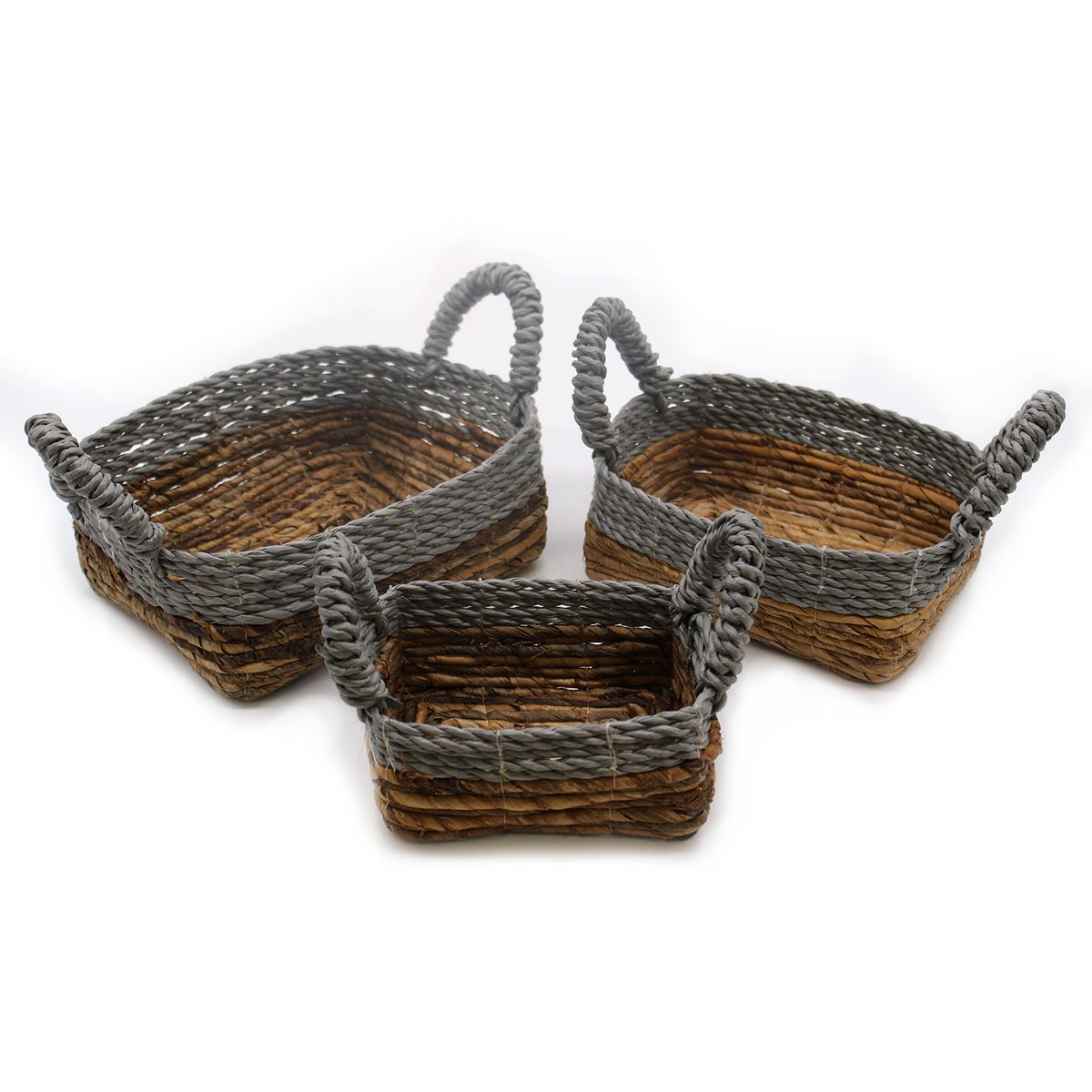 Banana Leaf & Grey Raffia Square Baskets – Set of 3