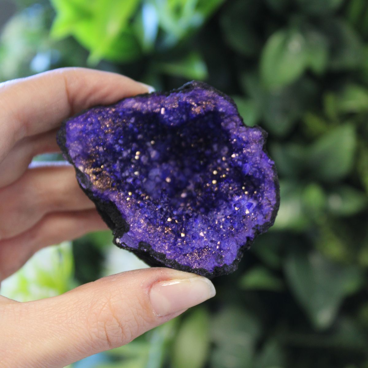 Coloured Calcite Geode in Black Rock – Turquoise & Purple