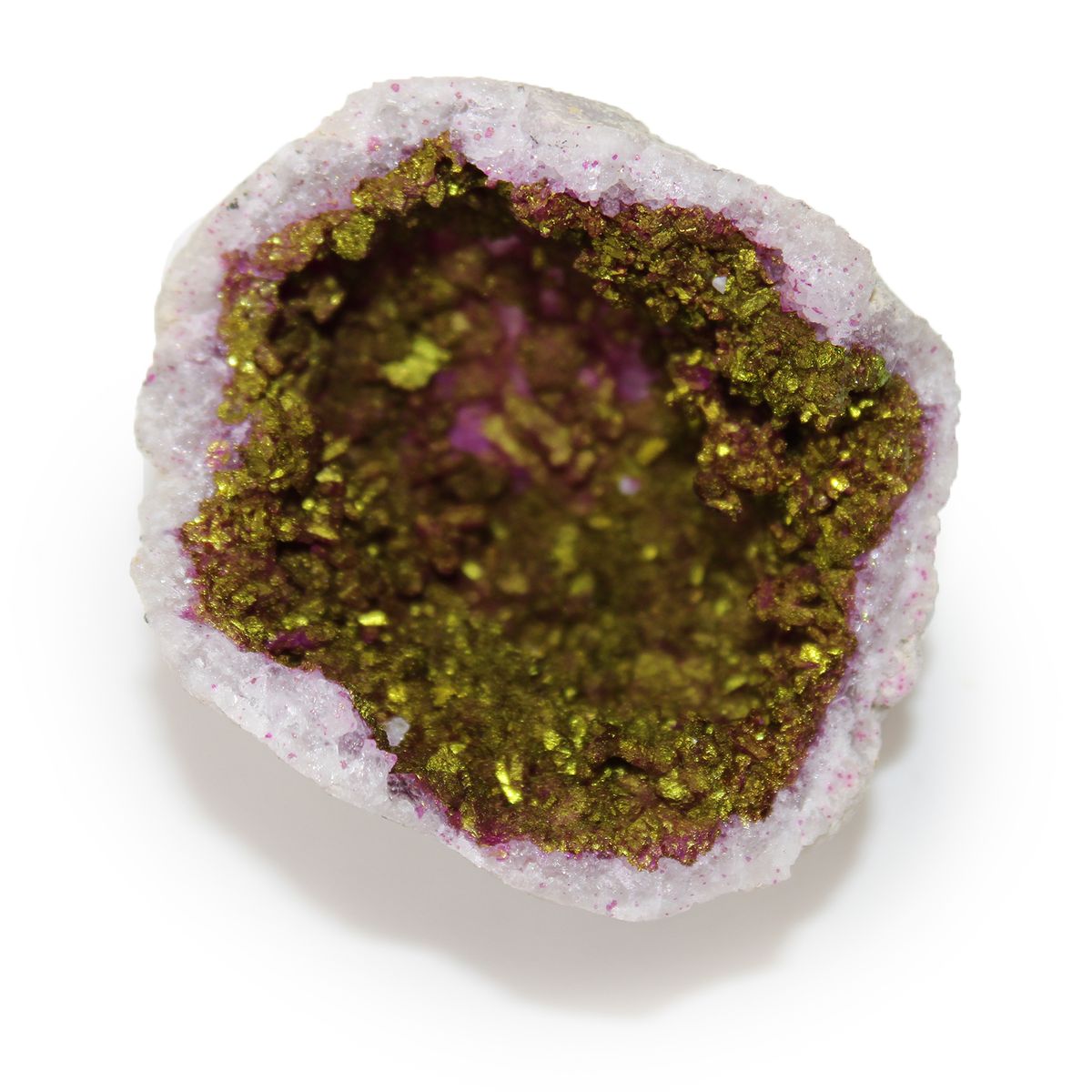 Coloured Calcite Geode in Natural Rock – Pink & Gold