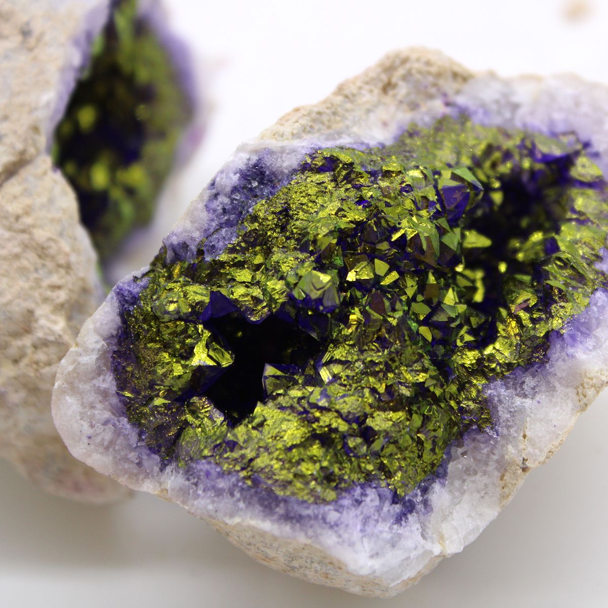 Coloured Calcite Geode in Natural Rock – Purple & Gold