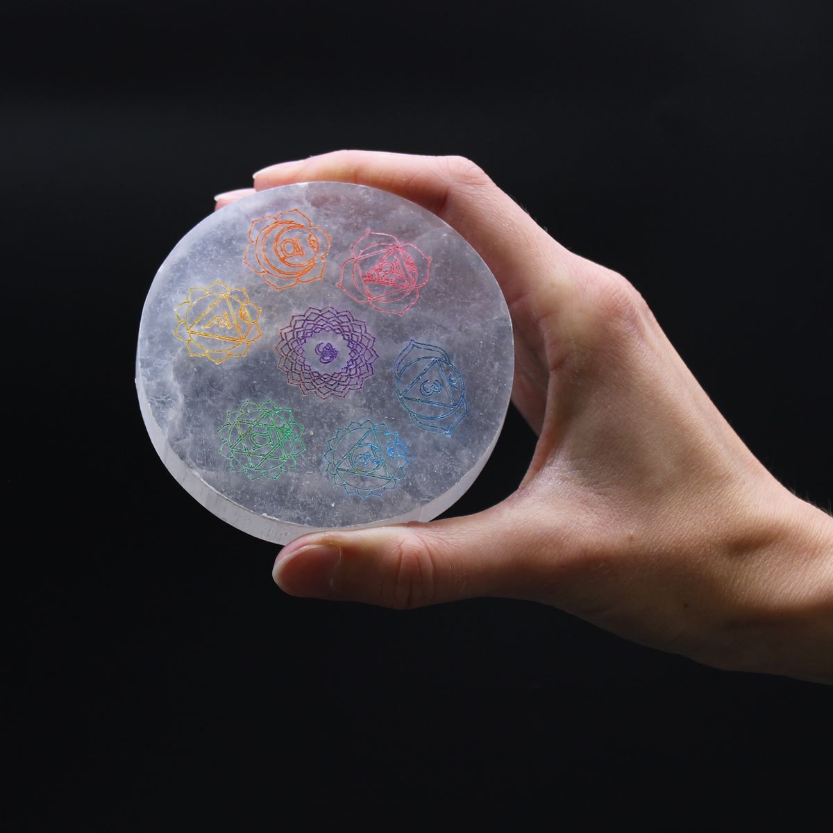 Selenite Charging Plate – Colour Chakra Design, Small 8cm