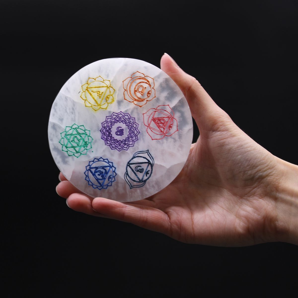 Selenite Charging Plate – Colour Chakra Design, Medium 10cm