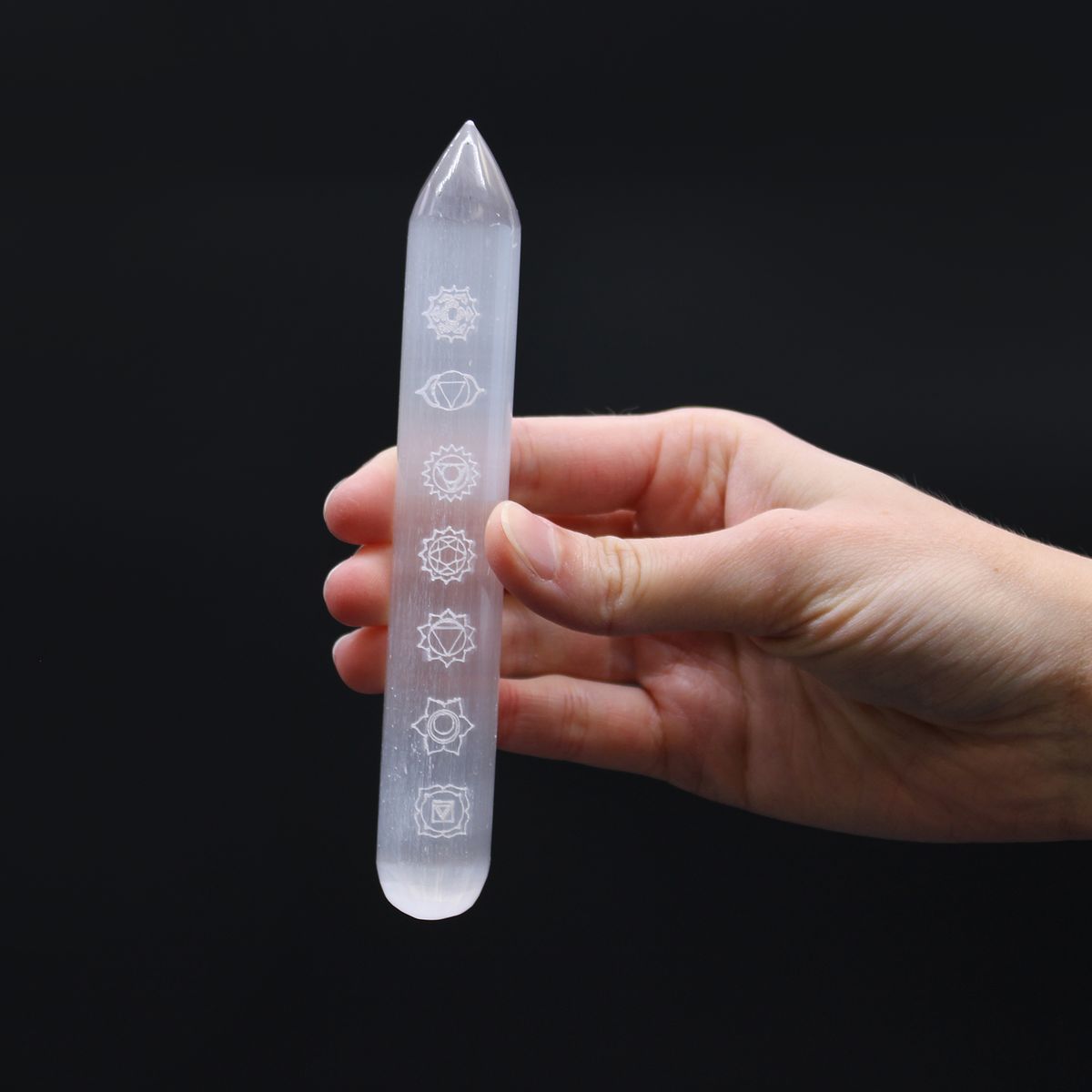 Seven Chakra Selenite Wand – Point One End, 16cm