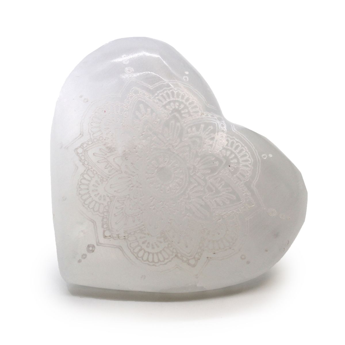 Mandala Engraved Selenite Heart – 7-8cm