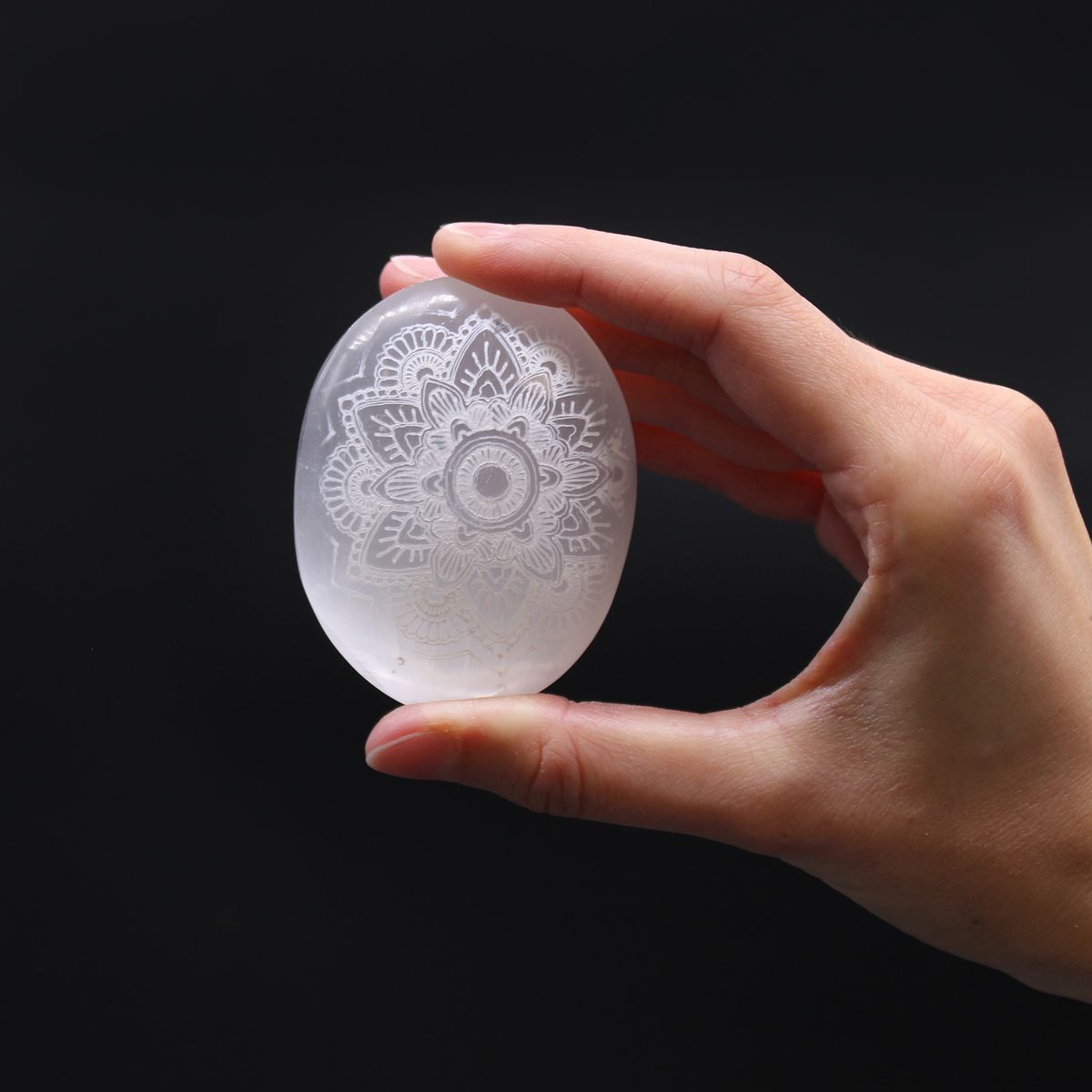 Mandala Engraved Selenite Palm Stone