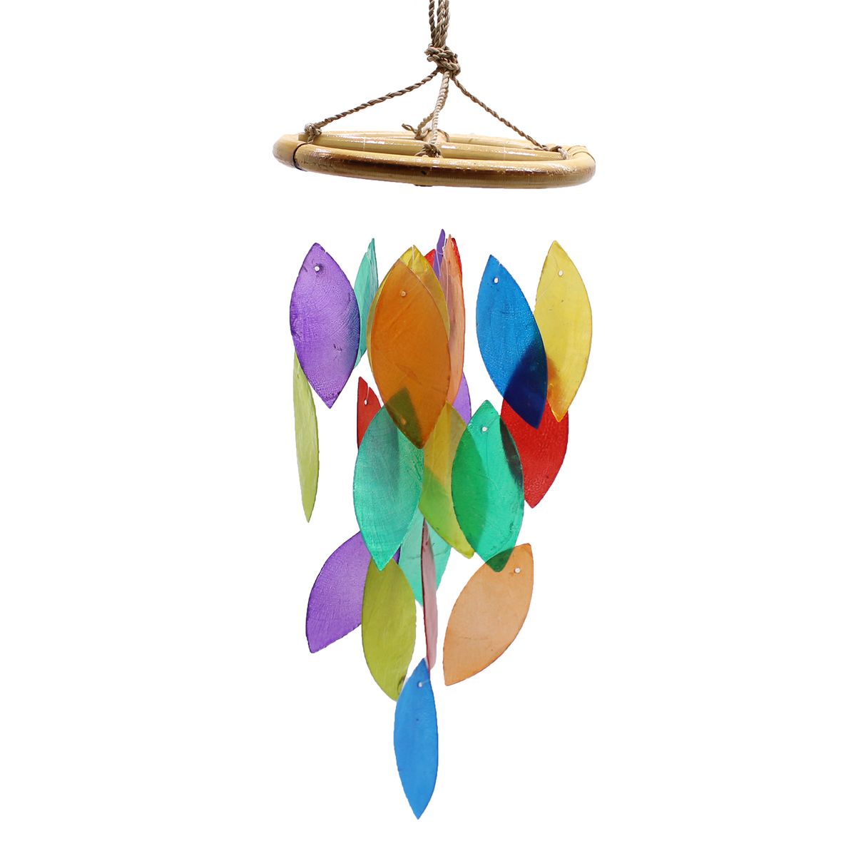 Driftwood & Capiz Wind Chime – Rainbow Leaf & Bamboo Drop