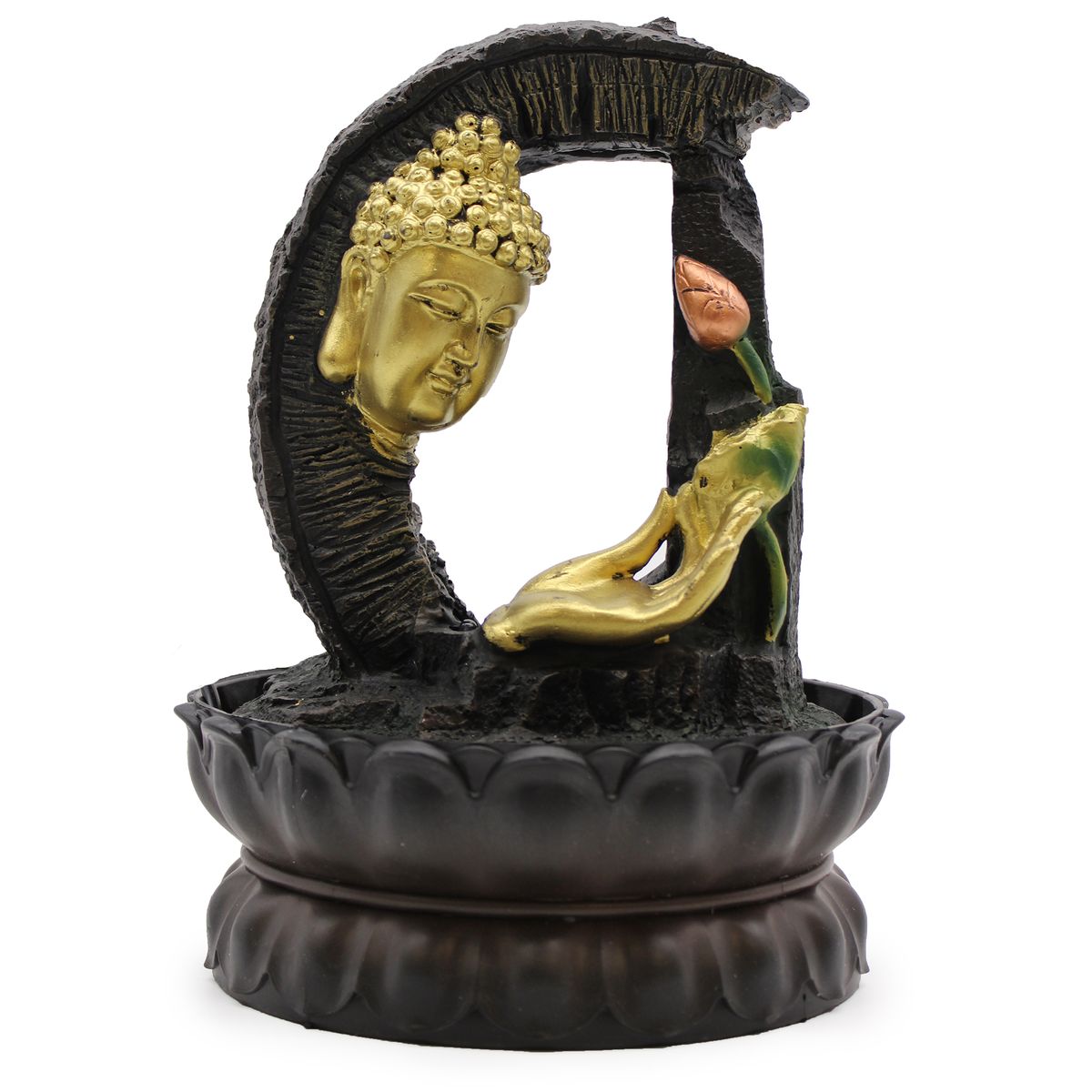 Tabletop Water Feature – Golden Buddha & Lotus, 30cm