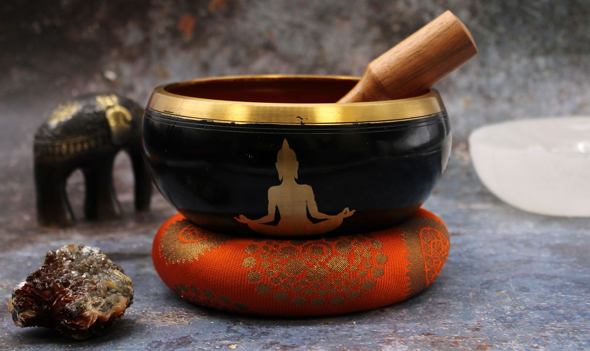 Buddha Singing Bowl Set – Black & Orange, 14cm