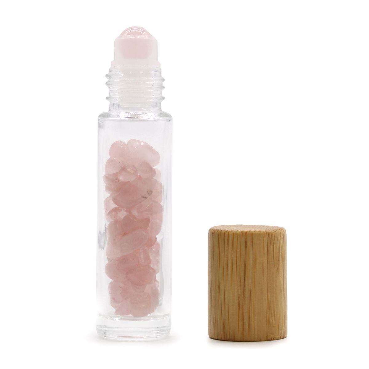 Gemstone Essential Oil Roller Bottle – Rose Quartz, Wooden Cap