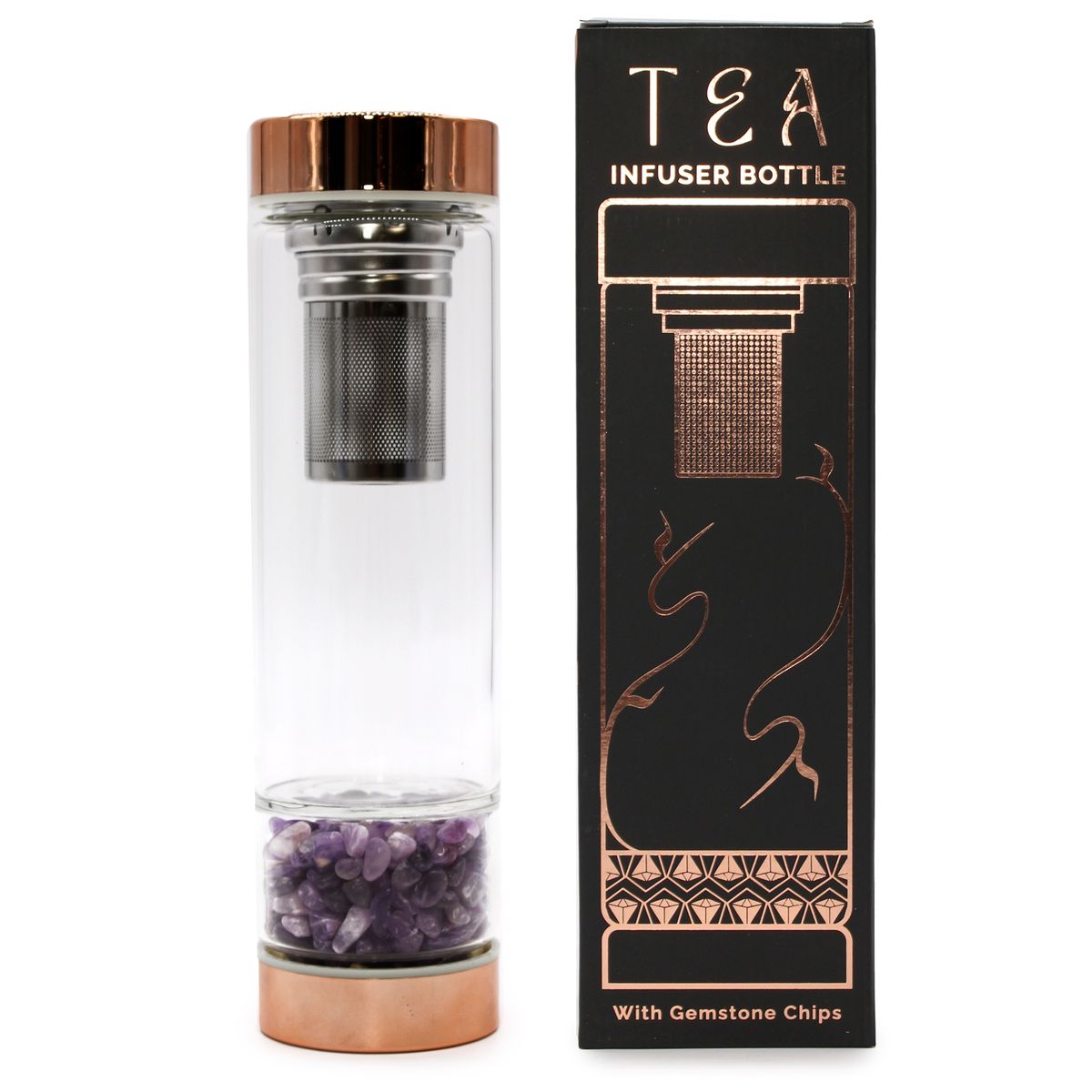 Crystal Glass Tea Infuser Bottle – Rose Gold, Amethyst