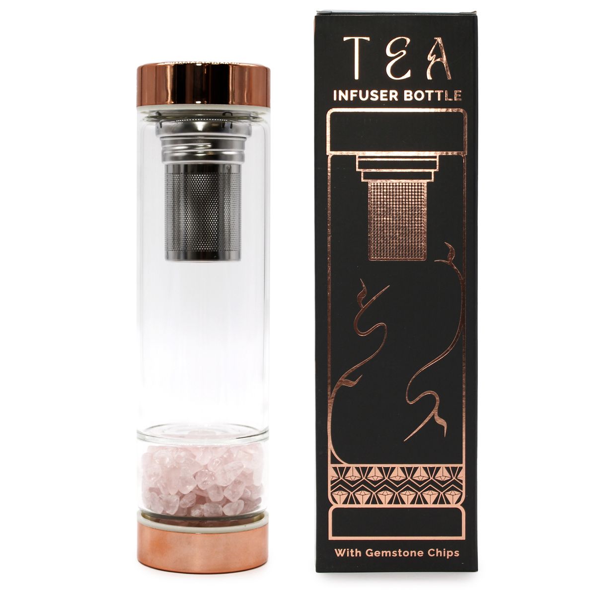 Crystal Glass Tea Infuser Bottle – Rose Gold, Rose Quartz