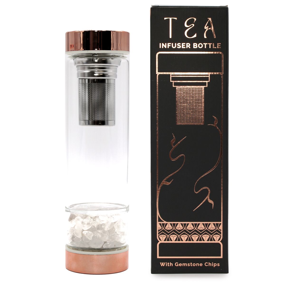 Crystal Glass Tea Infuser Bottle – Rose Gold, Rock Quartz