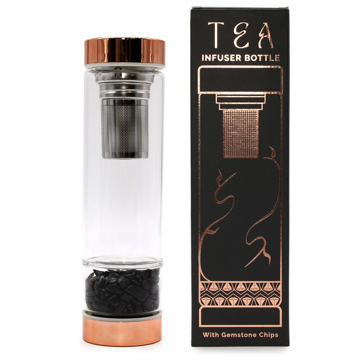 Crystal Glass Tea Infuser Bottle – Rose Gold, Onyx