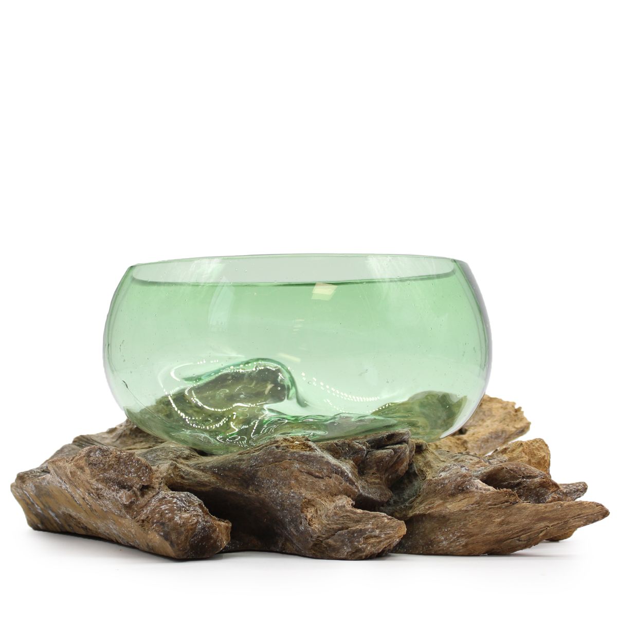 Recycled Beer Bottle Glass Wide Bowl on Wood – Large