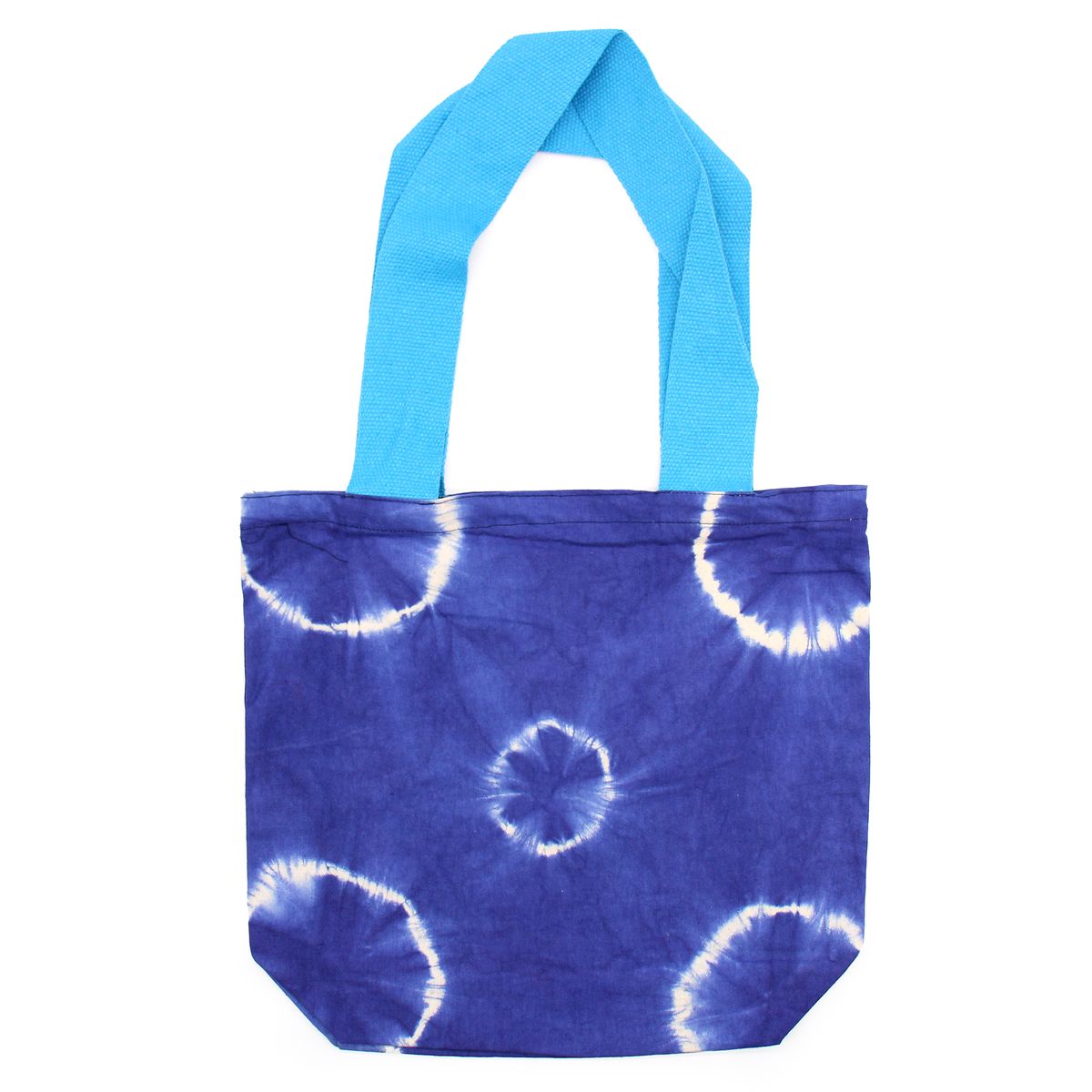 Natural Tie-Dye Cotton Bag – Blue Rings, Blue Handle, 38x42x12cm