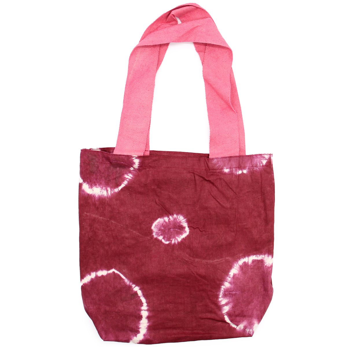 Natural Tie-Dye Cotton Bag – Maroon Rings, Pink Handle, 38x42x12cm