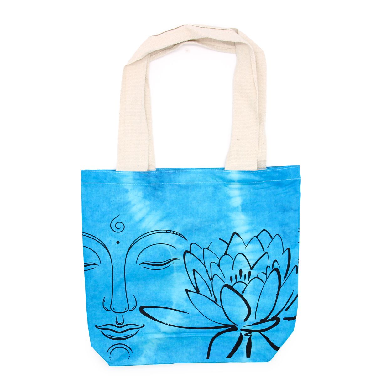 Tie-Dye Cotton Bag – Lotus Buddha, Blue, Natural Handle, 38x42x12cm