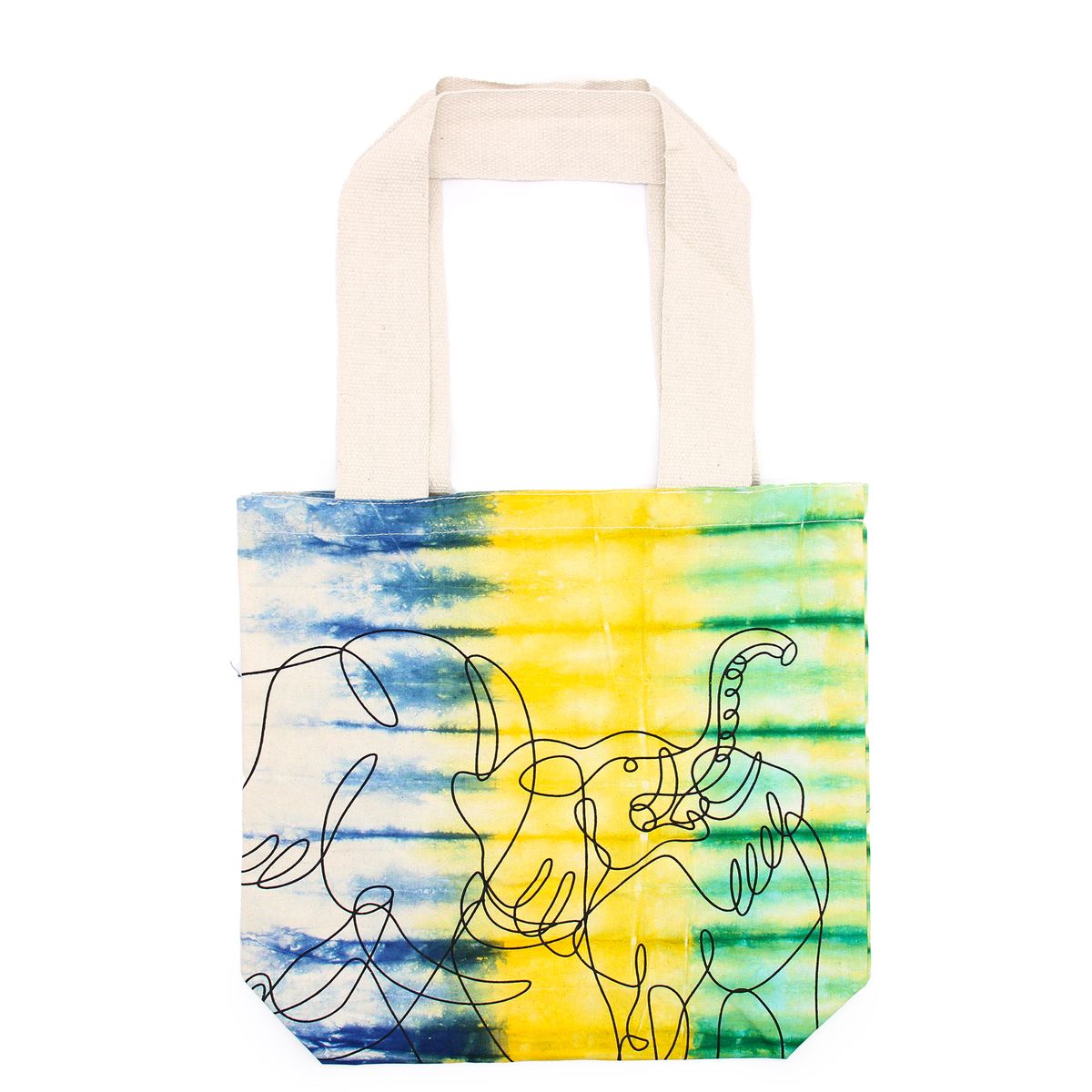 Tie-Dye Cotton Bag – Elephants, Multi, Natural Handle, 38x42x12cm