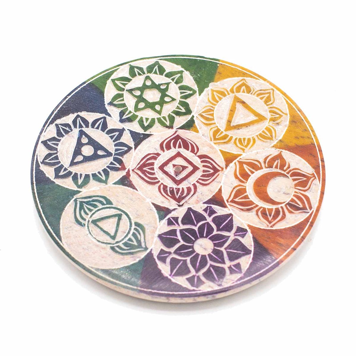 Soapstone Disc Incense Cone Holder – Seven Chakra, 10cm