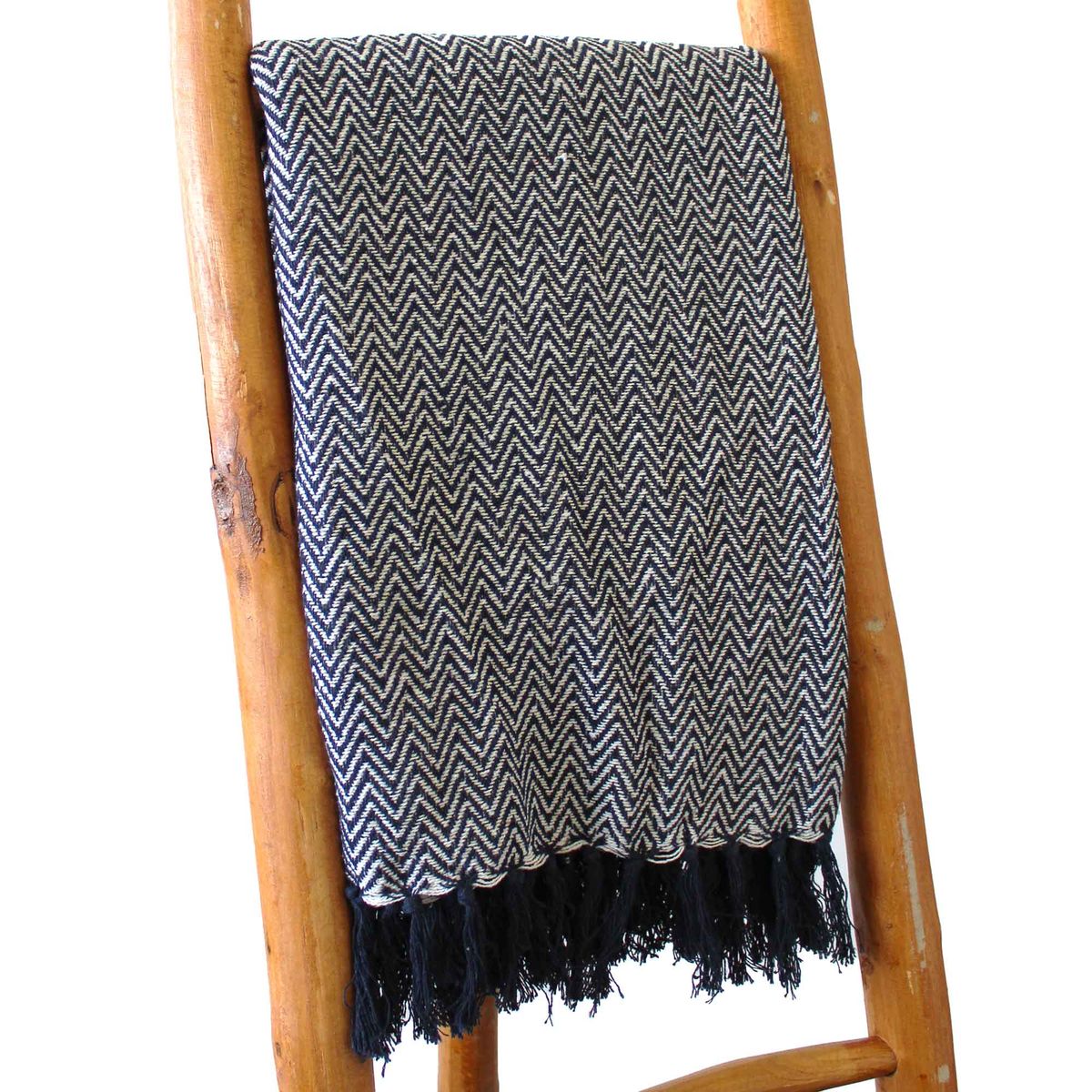 Boho Comfort Cotton Throw – Navy Zigzag