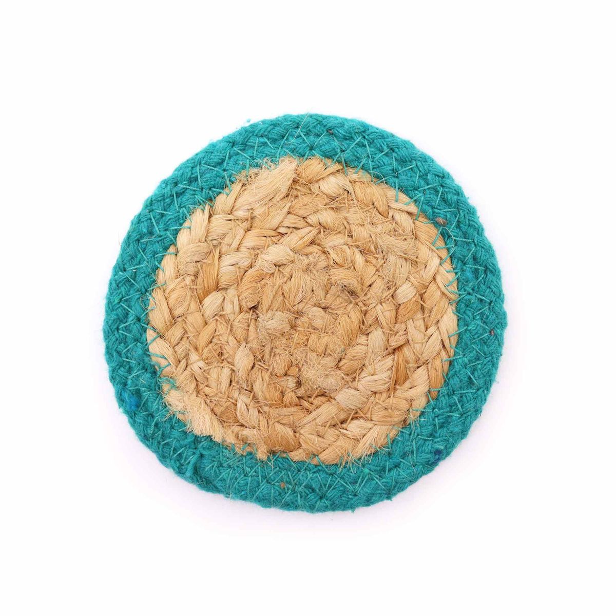 Jute & Cotton Coasters – Teal Border, 10cm, Set of 4